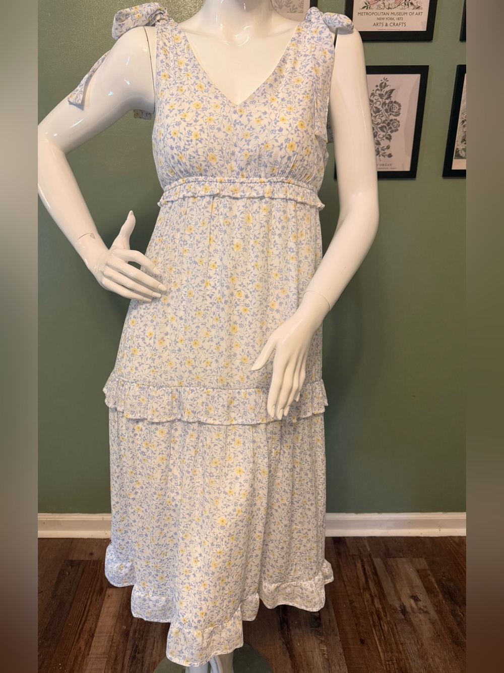 Light Blue & Yellow Floral Tiered Tie-Shoulder Midi Dress